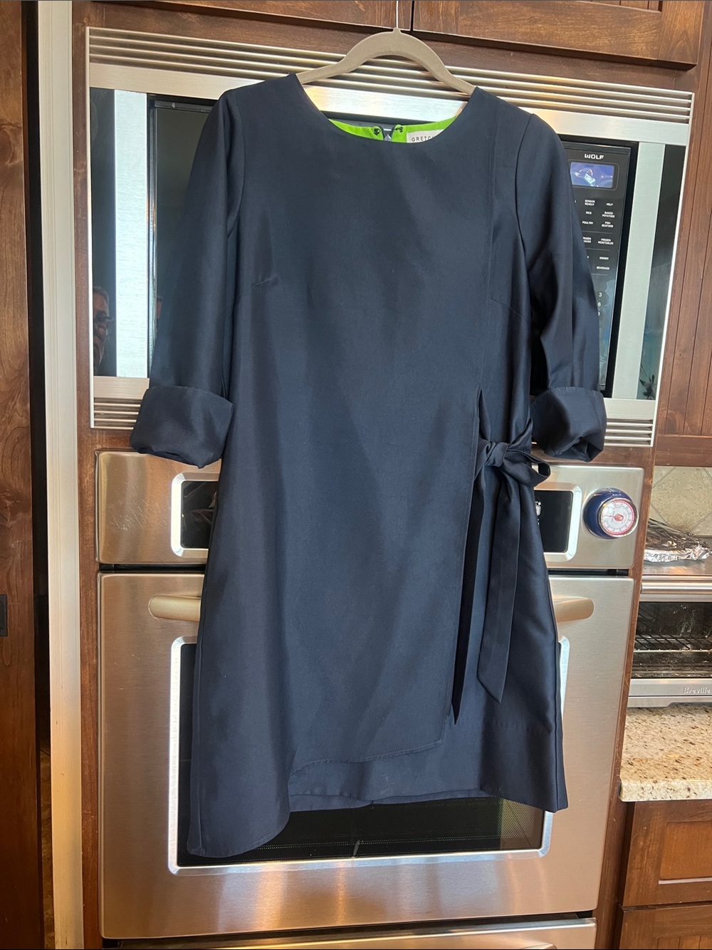 GRETCHEN SCOTT WOMENS NAVY BLUE SIDE TIE 2 pocket FULLY LINED DRESS SIZE MEDIUM